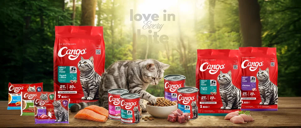 Cango kedi maması paketleri ve kediler